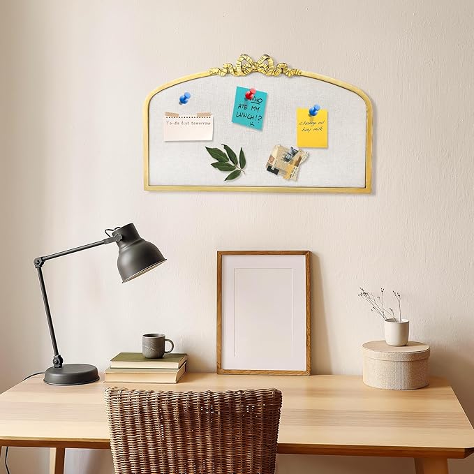 Vintage Arched Linen Cork Bulletin Board with Gold Bow – 24"x 15" Elegant Decorative Pin Board for Walls, Metal Frame Vision Board for Notes, Photos, Inspiration, Chic Home Office Decor for Women