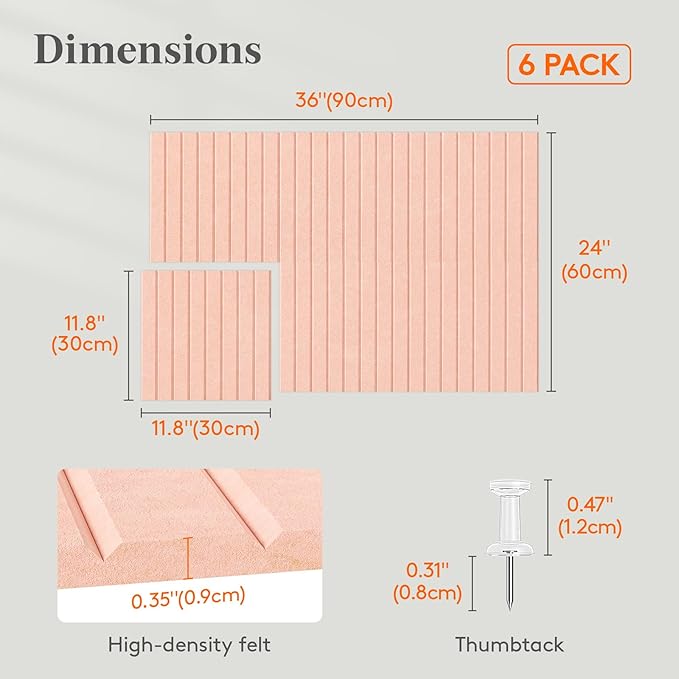 Lifewit Felt Slatted Bulletin Board with Self-Adhesive, 36"x 24"-6 Pack Cork Board Alternative, Pin Board Vision Board Message Board with 30 Pushpins for Office Decor, Room Decor, Pink