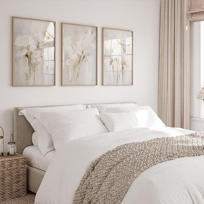 Neutral Wall Art Abstract Floral Canvas Pictures Beige Flower Wall Decor Modern Painting Minimalist Poster Abstract Botanical Prints White Artwork for Bedroom Living Room 16x24 Inch Unframed Set of 3