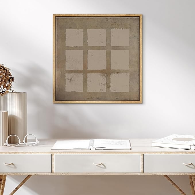 SIGNWIN Framed Canvas Print Wall Art Geometric Mid-Century Grunge Square Pattern Abstract Shape Illustrations Modern Art Decorative Relax Nordic for Living Room, Bedroom, Office - 16"x16" Natural