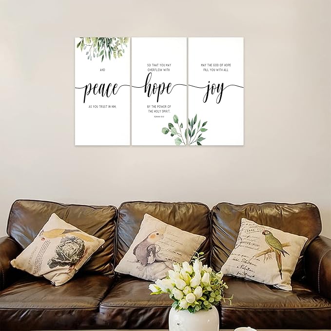3 Piece Inspirational Wall Art, White Plants Background Picture, Quotes "Peace Hope Joy" Canvas Print for Home Decor, Triptych Motivational Poster Framed Artwork for Classroom Wall Decor (36"Wx18" H)