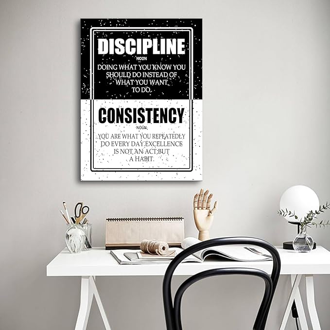 Discipline Consistency Inspirational Canvas Wall Art Motivational Positive Quote Poster Print Artwork for Home Office Room Gym Classroom Framed Ready to Hang [18''Wx24''H]