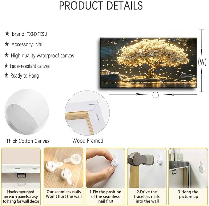 Large Tree of Life Canvas Wall Art Abstract Gold Tree Mountain Lake Decor painting Pictures Nordic Golden White Flowers Posters Prints for living room Bathroom Bedroom Office Hallway Home Decoration