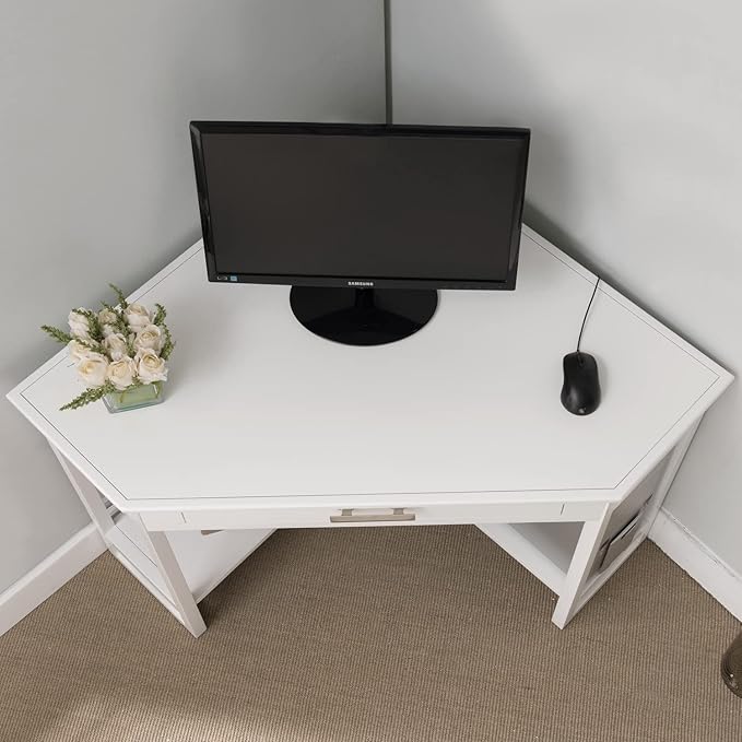 Leick Home Sage Corner Office Desk, Solid Wood, with Drop Front Keyboard Drawer, White, 85430