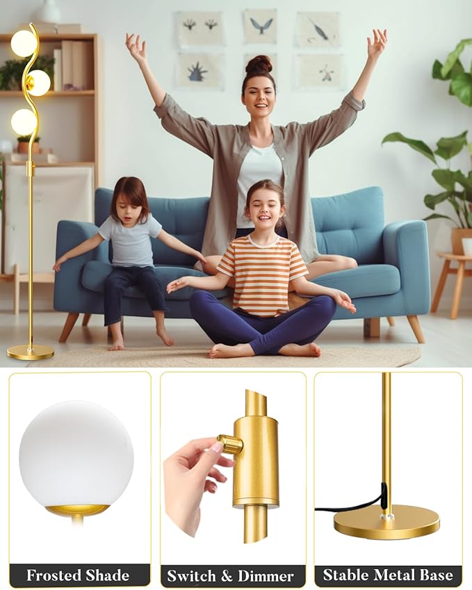 Lightdot 60IN Gold Floor Lamp Stepless Dimmable Globe Floor Lamps with 3Pcs 3000K G9 Bulbs Eye-Friendly Mid Century Standing Lamps with Stable Base for Living Room/Bedroom/Sofa Beside/Corner Decor