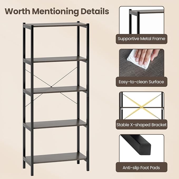 Giantex Industrial 5-Tier Wood Bookshelf - 63.5’’ Tall Open Storage Organizer Shelves with Anti-Tipping Device and Foot Pads, Steel Frame Bookcase Display Rack for Living Room, Bedroom, Office, Grey