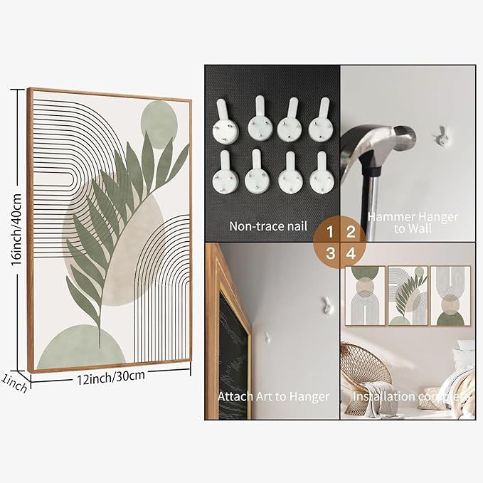 Framed Sage Green Boho Wall Art for Bedroom, Beige and Green 3 Piece Minimalist Artwork for Walls, Geometric Leaf Line Boho Small Paintings Prints for Hallway Kitchen Living Room Wall Decor, 12x16 In