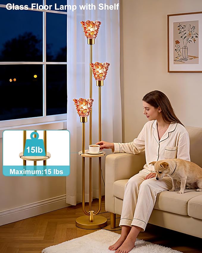 3-Light Modern Glass Floor Lamp with Shelf, Gold Tall Standing Lamp with Pomegranate Red Flower Glass Shade, LED Floor Lamp with Foot Switch for Living Room Bedroom Home Decor, Bulb Included