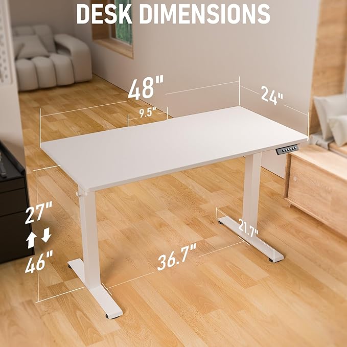 48" x 24" Electric Standing Desk, Adjustable Height Sit Stand Desk with 3 Preset Heights & 2 Hook, Electric Desk for Home Office Gaming, White