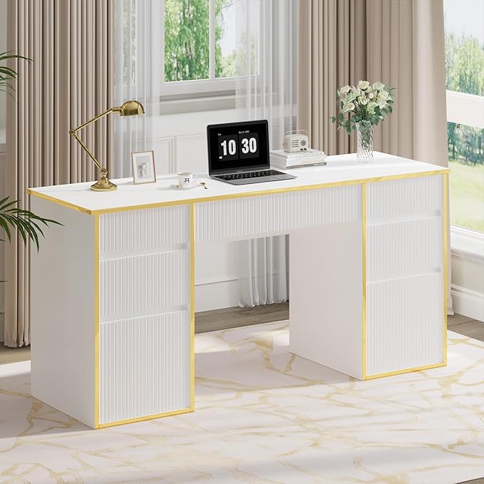 White Computer Desk with Drawers, 58 Inch Home Office Desk with 7 Drawers for Bedroom, Executive Desk with File Drawers for Small Spaces, White and Gold