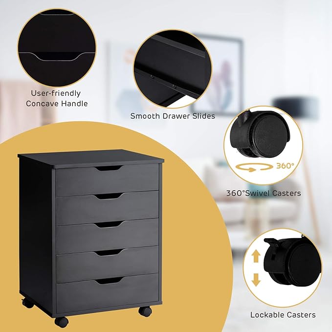 5 Drawers File Storage Cabinet, 26.5" Vertical Filling Cabinet for Home Office, Under Desk Office Drawer Organizer, Universal & Lockable Casters, Rolling Printer Storage Rack (Black)