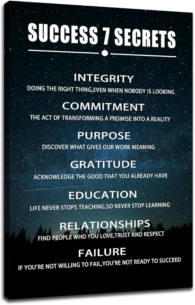 Inspirational Wall Art Success 7 Secrets Motivational Star Chart Poster Positive Quotes Wall Decor for Office Modern Home Living Room Classroom Canvas Framed Artwork Ready to Hang [24''Wx36''H]