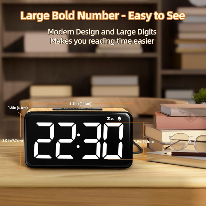 NOKLEAD Digital Alarm Clock for Bedroom: 5.9 inch Large LED Display, 9-Mins Snooze, 2 Volume Levels, 5 Brightness, 12/24H, Adapter Powered, Easy to Use for Adults and Seniors (Light Wood Grain)