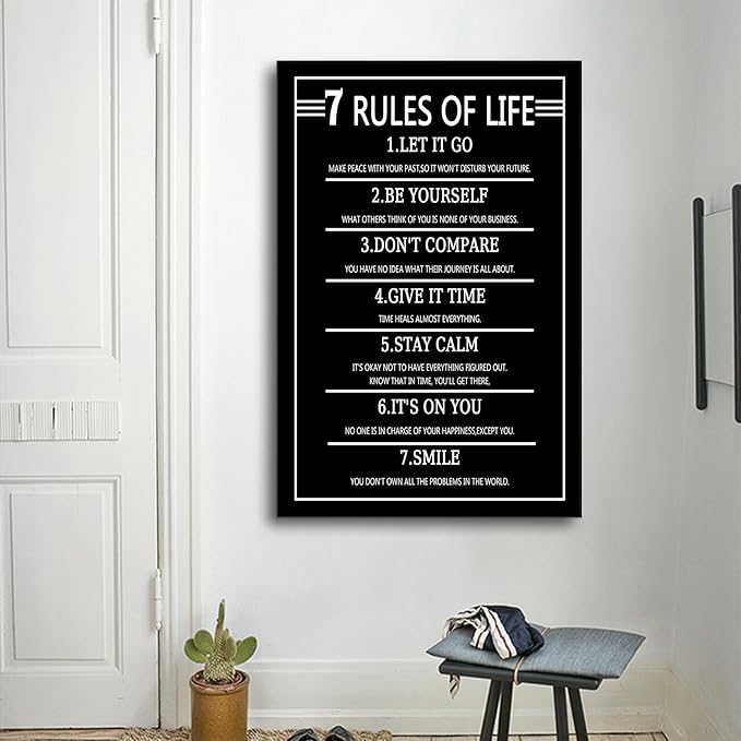 7 Rules Of Life Black Motivational Poster Wall Art Inspirational Entrepreneur Quotes Printed on Canvas Picture Painting Wall Decor for Modern Home Classroom Hallway Ready to Hang [24''Wx36''H]