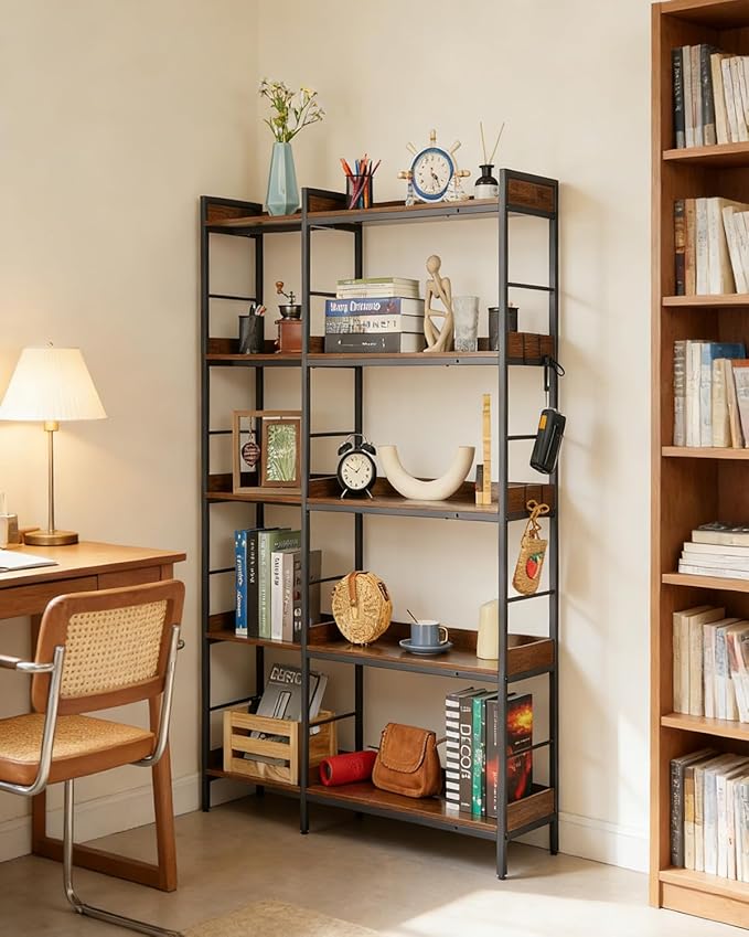 Garvee Bookshelf 5 Tier with 4 Hooks, Reversible Corner Bookshelf, 65" Industrial Wooden Bookcase with Open Shelves and Metal Frame for Living Room, Bedroom, Home Office, Rustic Brown