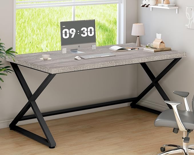 IBF Gray Computer Desk, Industrial 60” Work Desk for Writing Study, Simple Wooden Metal Executive Home Office Desk, Modern Pc Gaming Laptop Workstation Computer Table in Bedroom, Light Grey Oak