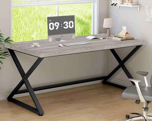 IBF Gray Computer Desk, Industrial 60” Work Desk for Writing Study, Simple Wooden Metal Executive Home Office Desk, Modern Pc Gaming Laptop Workstation Computer Table in Bedroom, Light Grey Oak