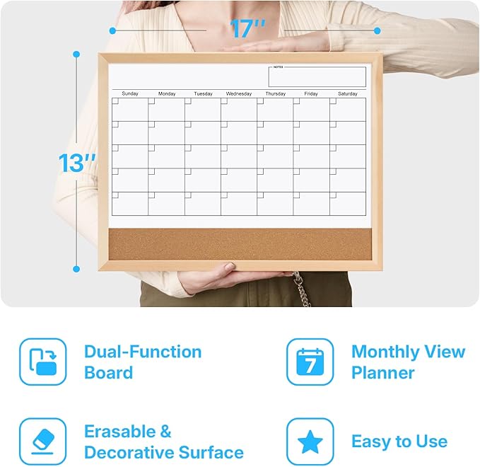 OWLKELA Monthly Dry Erase Calendar with Cork Board for Wall, 17 x 13 Magnetic Bulletin Whiteboard with Wood Frame for Office, Home, School, Kitchen