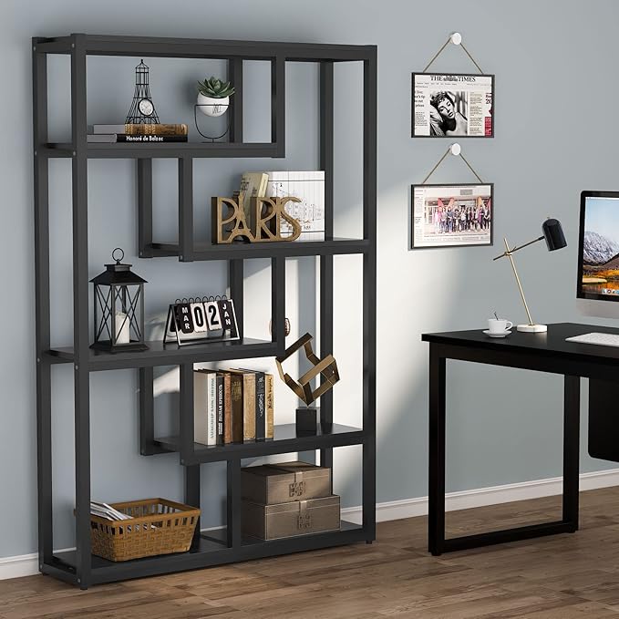 Tribesigns Way to Origin 6-Shelf Modern Bookshelf, Industrial Etagere Bookcase, 69 Inch Tall Storage Display Staggered Shelves with Sturdy Metal Frame, Black
