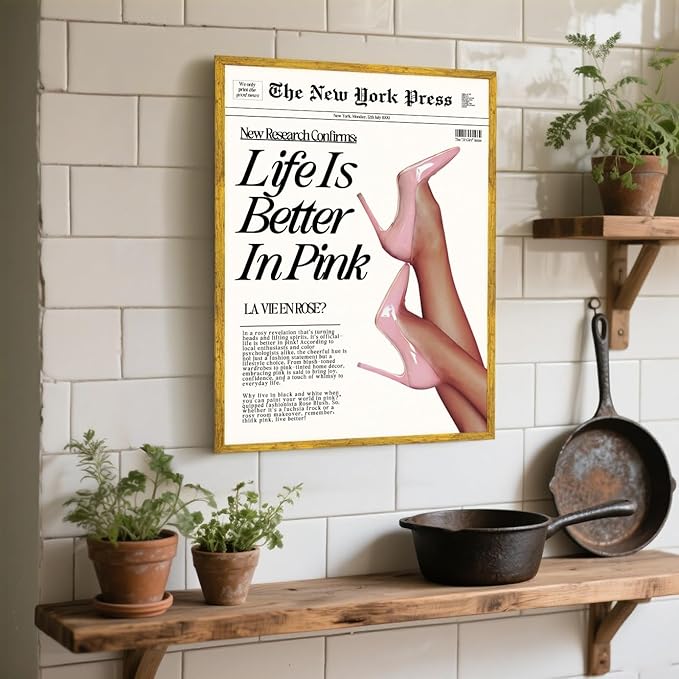 Trendy Baby Pink Hot Girl Poster Life Is Better In Pink Newspaper Wall Art Retro High Heel Picture 70s News Headline Canvas Prints Aesthetic Decor for Girly Bedroom Dorm 12x16inch Golden Framed