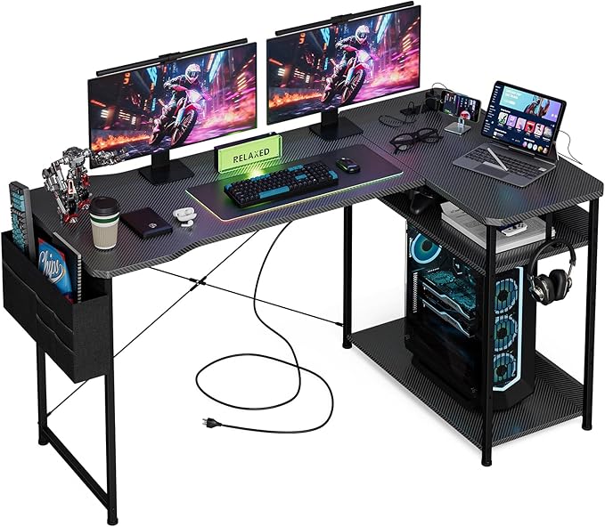 L Shaped Gaming Desk 55 Inch - Computer Corner Desk with Power Outlets, Reversible Shelves & Storage Bag for Home Office, PC Gaming Table, Black Carbon