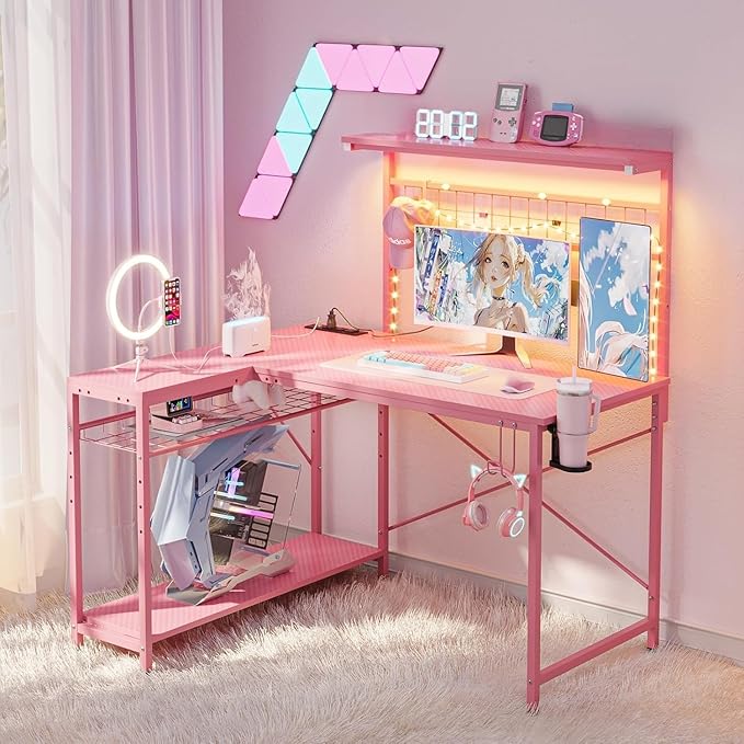 Bestier 42 L Gaming Desk,Computer Desk with Power Outlets, LED Lights, Reversible Corner Desk with 4-Tier Shelves,Cup Holder & Hook Carbon Fiber Pink