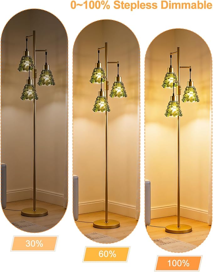 Lightdot 65" Glass Floor Lamps for Living Room, 3-Light Dimmable Floor Lamp with Green Glass Shade& E12 Bulbs Included, Mid Century Standing Tall Lamp for Bedroom/Sofa Beside/Corner Decor-Gold