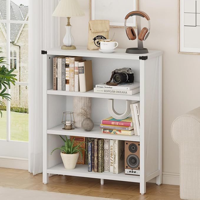 BON AUGURE White Bookshelf, 3-Tier Wooden Bookcase with Adjustable Shelves, Small Farmhouse Floor Book Cases/Shelves with Open Storage for Home Office School Library Bedroom Kids