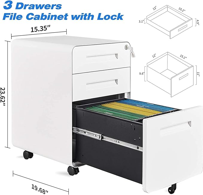 HOVNEE 3 Drawer File Cabinet, Commercial Grade Mobile Filing Cabinet with Lock for A4 Letter Legal Size