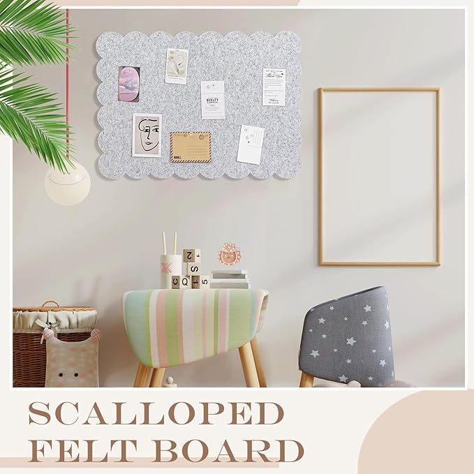Scalloped Felt Bulletin Board 36 x 24 Inches Foldable Light Gray Pin Cork Board Alternative for Wall, 3' x 2' Trifold Picture Vision Self Adhesive Bulletin Decorative