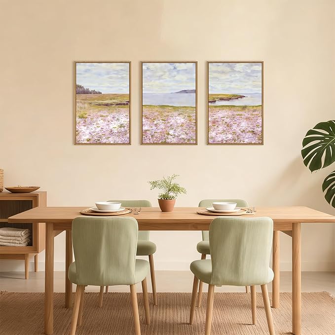 HOURIA Spring Watercolor Pink Floral Coastal Landscape Framed Canvas Wall Art Set,Nature Inspired Wildflower & Meadow Cottage Field Wall Decor,Modern Seaside Beach Artwork for Living Room,Farmhouse-16"x24"x3