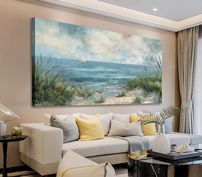 arteWOODS Vintage Seascape Canvas Prints Wall Decor Ocean Sailboat Canvas Pictures Seagull Bird Reed Canvas Painting Artwork for Living Room Bedroom Office Decoration 20" X 40"