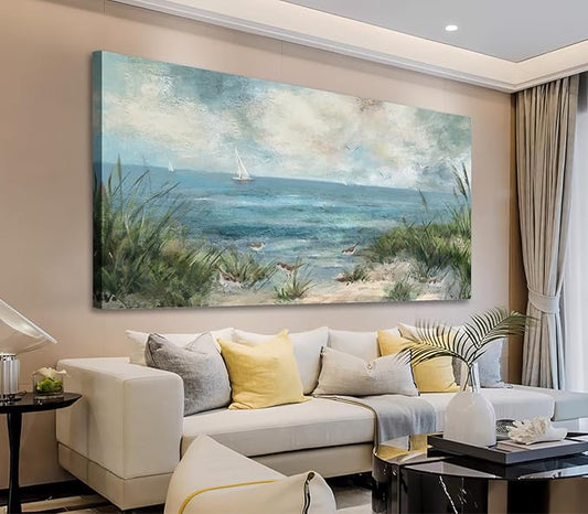 arteWOODS Vintage Seascape Canvas Prints Wall Decor Ocean Sailboat Canvas Pictures Seagull Bird Reed Canvas Painting Artwork for Living Room Bedroom Office Decoration 20" X 40"