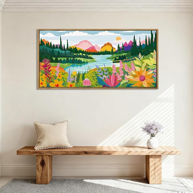 ANHUIB Large Colorful Wildflower Wall Art 20x40 Inch Framed Boho Abstract Floral Wall Decor Forest Woodland Painting Muticolor Mountain Range Illustration for Living Room Dining Room Bedroom