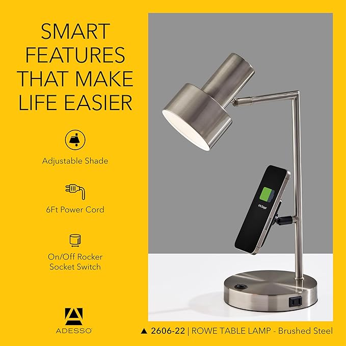 Adesso Supercharger Lamp with USB-A, USB-C, AC Outlet & Wireless Charging Pad – Brushed Steel Desk Lamp with Adjustable Shade and Power Station Base for Home, Office, or Dorm