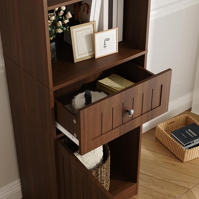 Farmhouse 71" Tall Bookshelf with Drawer, Narrow Bookcase with Adjustable Left/Right Door, Adjustable Shelf, Freestanding Display Book Shelf for Bedroom,Living Room, Office, Walnut