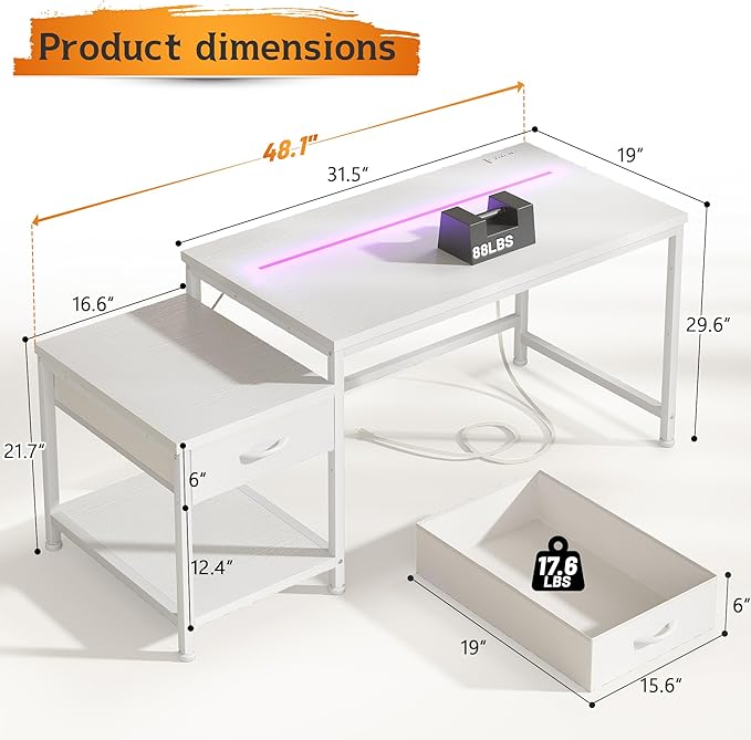 48.1 Inch White Desk with Drawers & Shelf to Storage,Computer Desk with Power Outlet & LED Lights,Reversible Office Desk with Hooks for Headphone,Bags,Small Desk for Bedroom,Dorm,Teens Study Room
