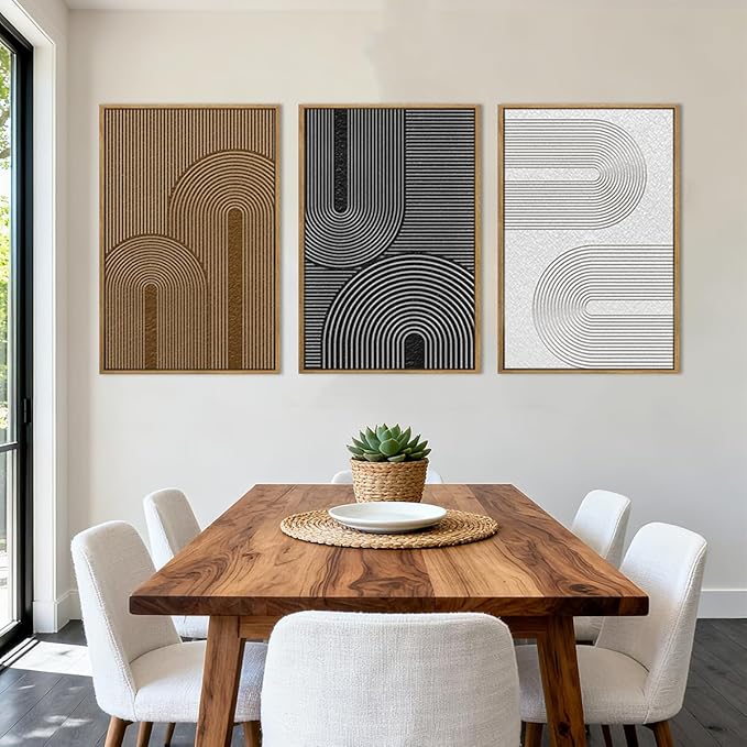 BINCUE Extra Large Abstract Wall Art Framed,Dark Modern Neutral Wall Art Canvas,Boho Artwork Minimalist,Black Brown White Geometric Line Painting for Home Living Room Bedroom 24x36 Inches Set of 3