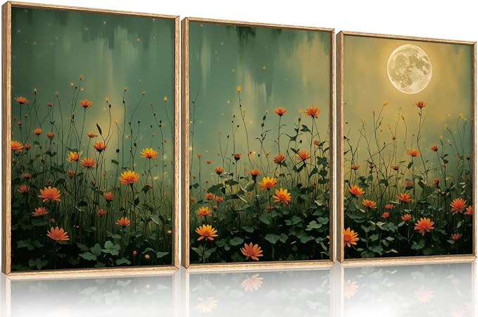 HOURIA Mystical Midnight Wildflower Framed Canvas Wall Art Set,Moonlit Orange Floral Wall Decor,Nature Inspired Landscape Artwork,Watercolor Art Prints for Living Room,Bedroom,Farmhouse-16 x24 x3