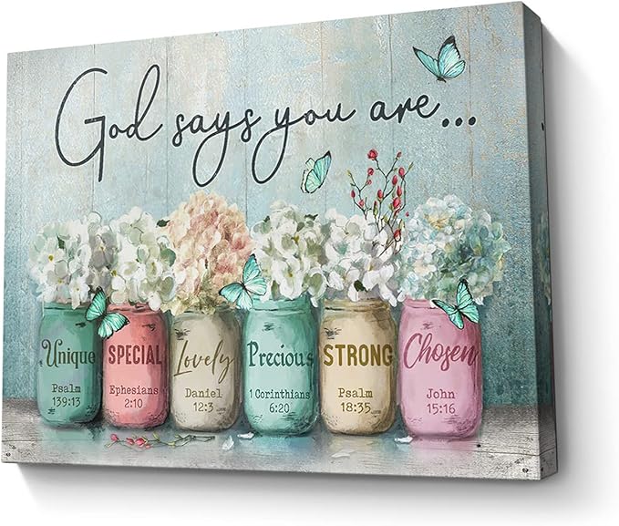 Parylore Inspirational Canvas Wall Art Encouraging Bible Verses On Cute Marson Jars and Butterflies God Says You Are Teal Background Artwork for Living Room Bedroom Bathroom Office Home Decor 12x16 In