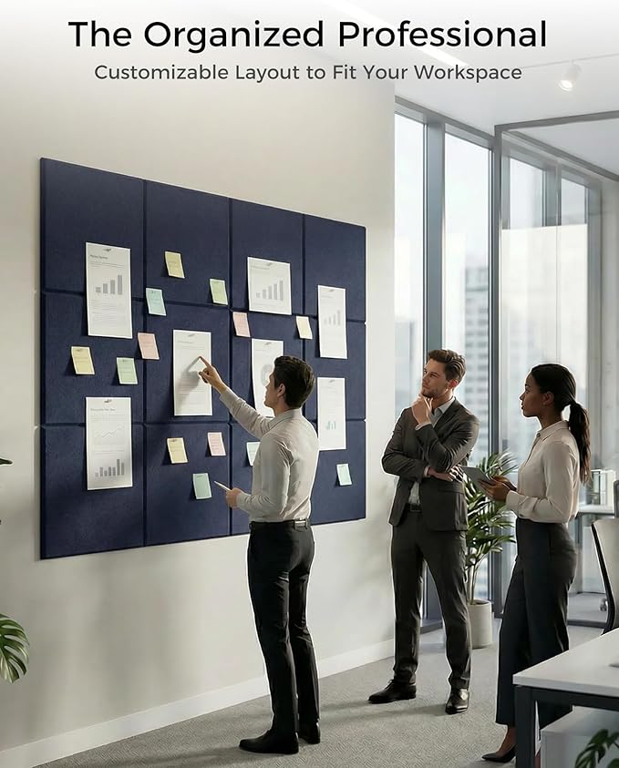 Aothia 12-Pack Felt Bulletin Board Tiles for Walls - 48x36 Modular Bulletin Board, Cork Board Alternative Pin Board for Office & Classroom, 70 Adhesive Tabs & 40 Push Pins Included (Navy Blue)