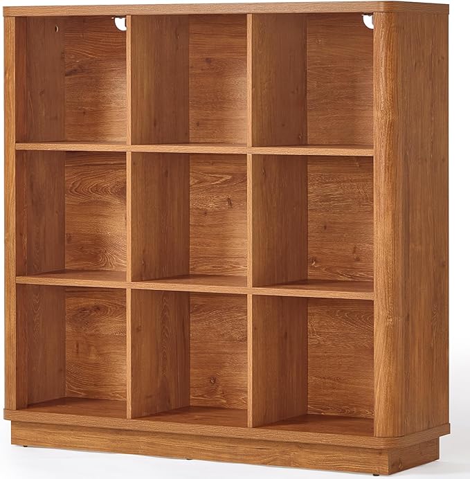 9 Cube Storage Book Shelf, 40.5" Wide Organizer Bookshelf with Curved Edge, Wood Floor Standing 3-Tier Cubby Bookcase with Base, Country Rustic Display Book Case for Library, Office, Brown