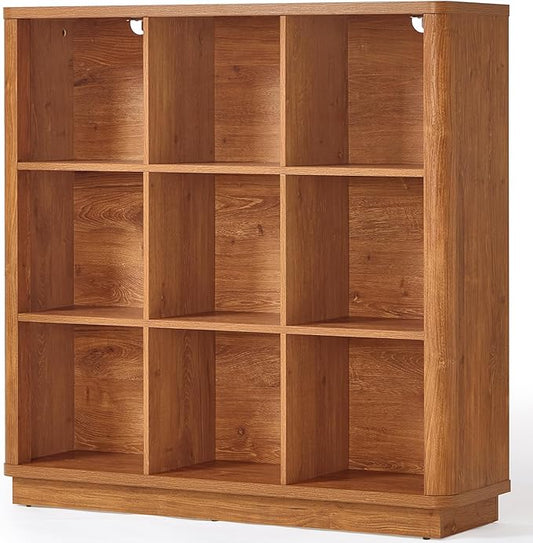 9 Cube Storage Book Shelf, 40.5" Wide Organizer Bookshelf with Curved Edge, Wood Floor Standing 3-Tier Cubby Bookcase with Base, Country Rustic Display Book Case for Library, Office, Brown