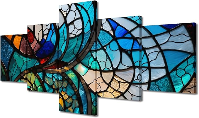 Canvas Wall Art Modern 5 Panel Abstract Wall Art Stained Glass Window Poster Canvas Art Colorful Flower Canvas Art for Lady Room Canvas Wall Decoration Stretched and Framed Ready to Hang 50x24 in