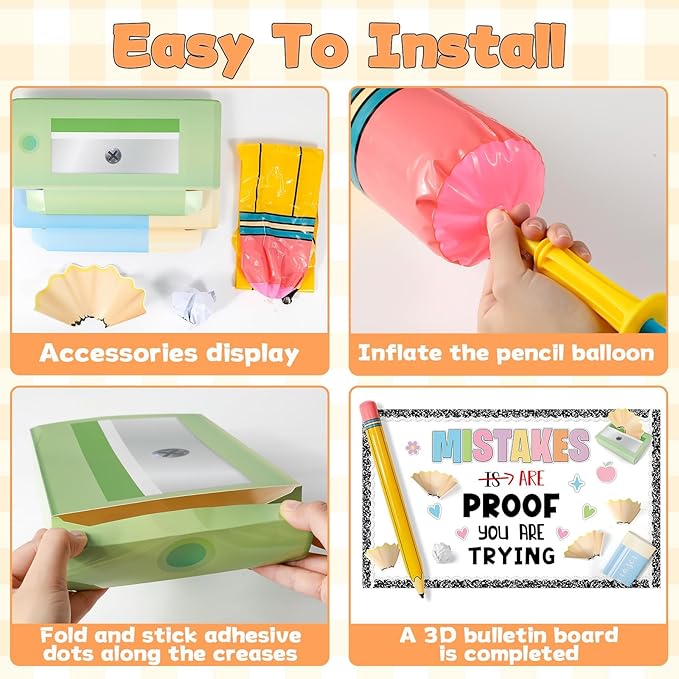 3D Back to School Bulletin Board Set with Pencil Balloon Inspirational Educational Classroom Decor Mistakes are Proof You are Trying Bulletin Board for Teacher Supplies Composition Notebook