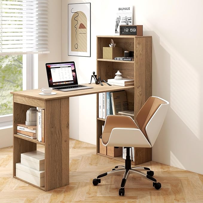 Tangkula Computer Desk with Bookshelf, Writing Study Desk with Storage Shelves & CPU Stand, Modern Compact Computer Workstation for Home & Office, Space-Saving Design(Natural)