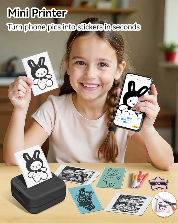 Aptika Sticker Printer - Print Pod 2.0 Mini Printer with 14 Rolls Sticky Paper, Thermarote Portable Sticker Maker Machine, Thermal Label Maker, Thermanote Labeller for Photos Notes Graphics, Black