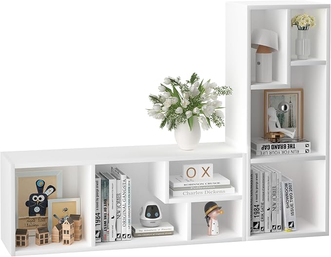 VECELO 3-Tier Small Bookcase, 4 Cube Bookshelf with Height Difference Shelves for Most Books, Modern Floor Standing Unit, Each Shelf Hold Up to 66 LBS for Living Room Bedroom, Pearl White