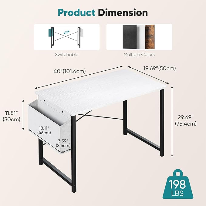 OLIXIS Computer Desk 40 Inch Home Office Desks for Small Spaces, Gaming Writing Study Work Table with Storage Bag and Headphone Hook for Bedroom, White