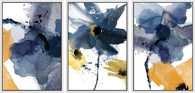 SIGNWIN Framed Canvas Wall Art Blue and Orange Blossoms Botanical Flower Watercolor Modern Art Tropical Relax/Calm for Living Room, Bedroom, Office - 16"x24"x3 White